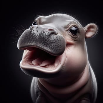 cute and adorable baby hippo with mouth open on black background generative ai