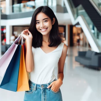pretty young woman shopping in large shopping mall generative ai