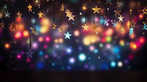 Star garland hanging on a blurry bokeh background. Generative AI design