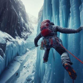 ice climber scaling an icy mountain to reach the peak and success generative ai