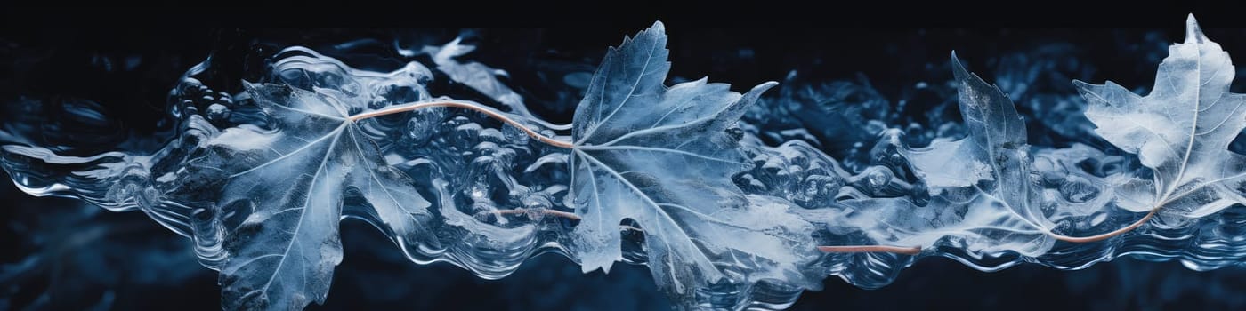 Winter background with frozen leaves. Generative AI banner design