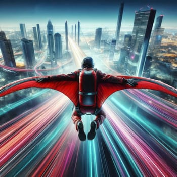 wingsuit skydiving and flying into a large city concept illustration generative ai