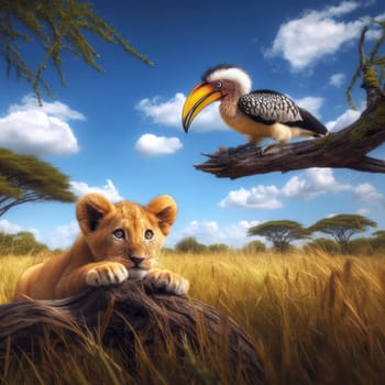 cute lion cub stalking and hunting a bird in the african savannah generative ai
