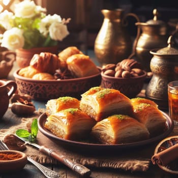 plate of delicious greek or turkish baklava on a plate in a rustic setting generative ai