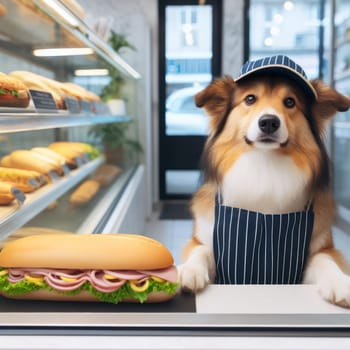 dog working hard behind the counter in a sandwich bar generative ai
