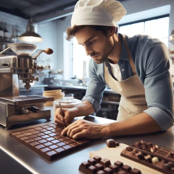 chocolatier pastry chef working on fine chocolates in kitchen generative ai