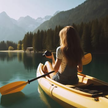 woman kayaking or canoeing on a flat water lake at sunrise generative ai photo