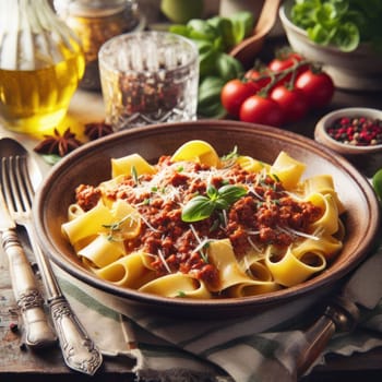 delicious traditional italian pappardelle alla bolognese in a rustic setting generative ai