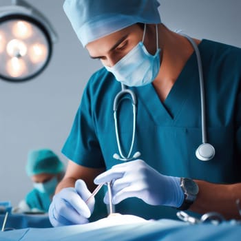 doctor in scrubs and mask performing an operation in the theatre generative ai
