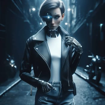 advertising or fashion style shoot of a person with futuristic robotic cybernetic enhancements generative ai