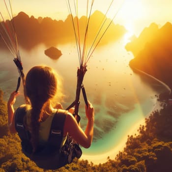 woman paragliding on a tropical island paradise on vacation generative ai