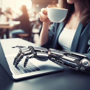 cybernetic person who has futuristic robotic enhancements or parts drinking coffee and using a laptop generative ai