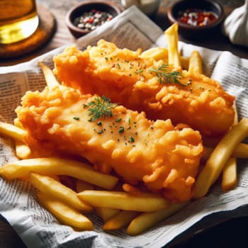 delicious british fried fish and chips with tartar sauce and lemon served on paper generative ai