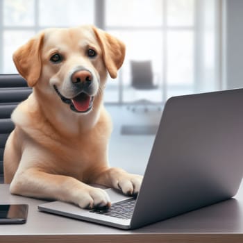 golden retriever dog working on laptop in the office generative ai