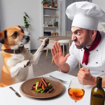 dog customer refusing food in reaturant and discussing with chef generative ai