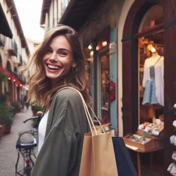 beautiful smiling woman shopping on vacation generative ai