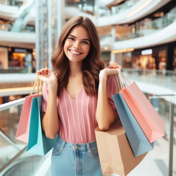 smiling young woman shopping in large shopping mall generative ai