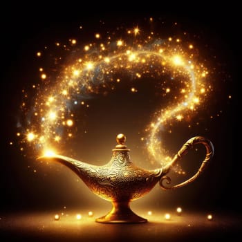 make a wish on the beautful magic genie lamp with sparkles and glitter generative ai