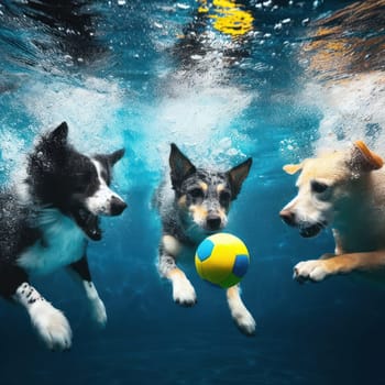 dogs swimming to get the ball underwater in the pool generative ai