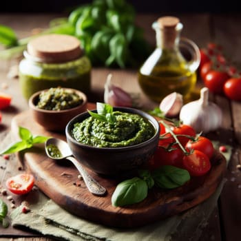 bowl of delicious italian basil pesto in a rustic setting generative ai