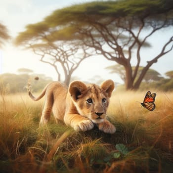 cute lion cub learning to hunt and stalks butterfly in the african savannah generativeai