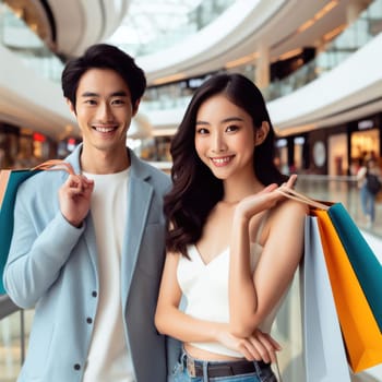 young attractive asian couple shopping together in a mall generative ai