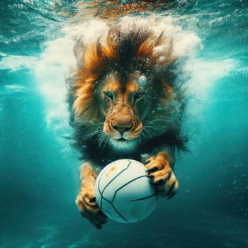 a lion swimming underwater in pool to get the ball generative ai