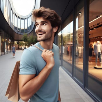 a happy smiling man shopping in an outside mall generative ai