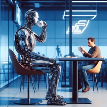 humanoid android robot sitting in a cafe drinking coffee generative ai