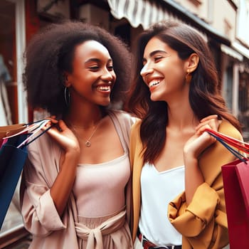 two young women friends shopping together on vacation generative ai