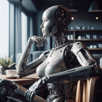 humanoid android robot sitting in a cafe thinking generative ai