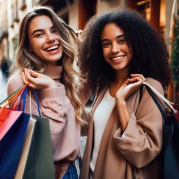 two young women friends shopping together on vacation generative ai