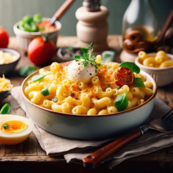 delicious bowl of macaroni and cheese on a rustic table generative ai