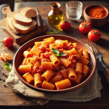 traditional italian rigatoni alla amatriciana on a rustic table generative ai