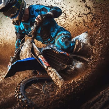 action closeup of motocross rider on track with mud spraying generative ai