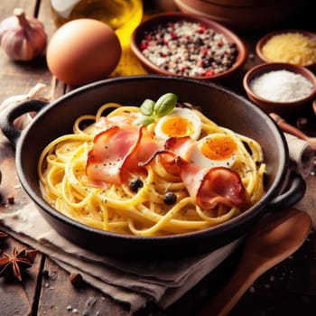 delicious italian fettuccine carbonara on a rustic table generative ai