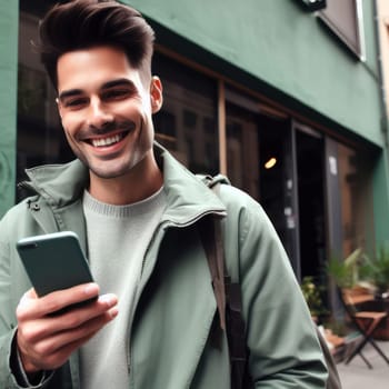 happy young attractive fashionable man wearing ash green colored clothes using a phone in a color coordinated street generative ai