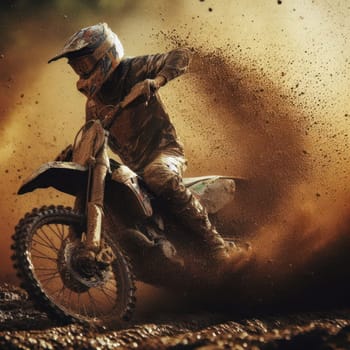 action closeup of motocross rider on track with mud spraying generative ai
