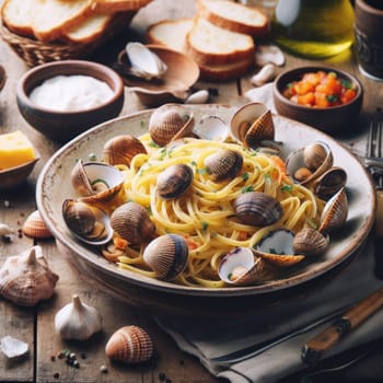 delicious traditional italian linguine alle vongole in a rustic setting generative ai