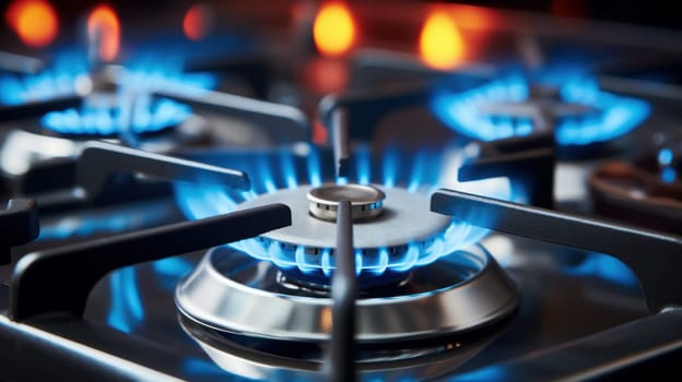 Close up shot of blue fire from domestic kitchen stove top. Gas cooker with burning flames of propane gas. Gas supply chain and news.
