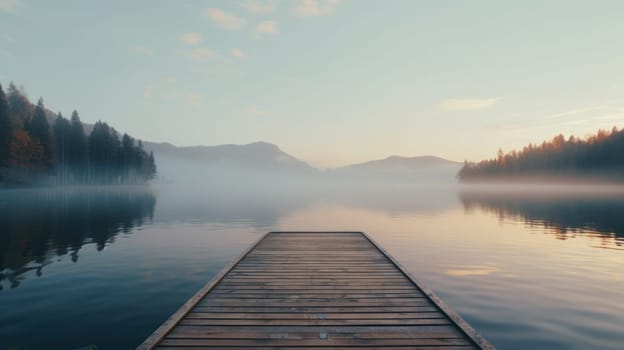 Woodenpier or jetty on lake at a foggy sunrise. Relax, vacations, or work life balance theme. Website Background