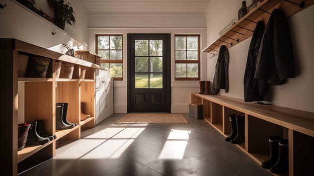 A large foyer with storage unit, white oak bench.