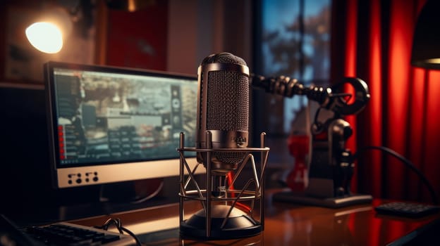 Vintage microphone against the computer