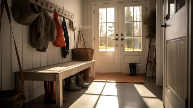 A large foyer with storage unit, white oak bench.