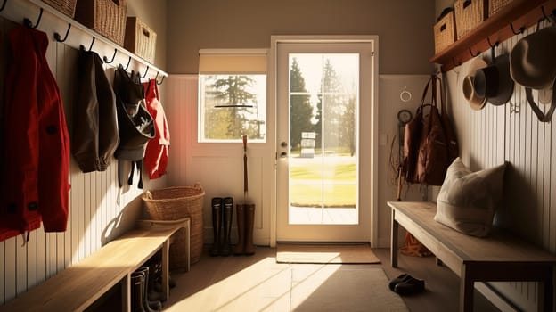 A large foyer with storage unit, white oak bench.