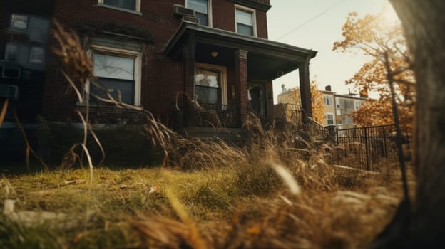 Neglected typical american property with overgrown grass - a real estate investing concept of properties needing work, TLC, renovating. Arbitrage and house flipping.