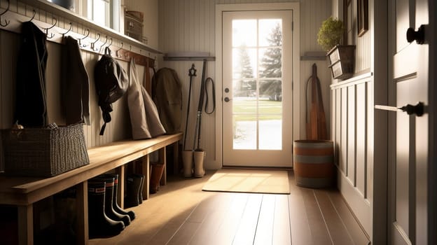 A large foyer with storage unit, white oak bench.