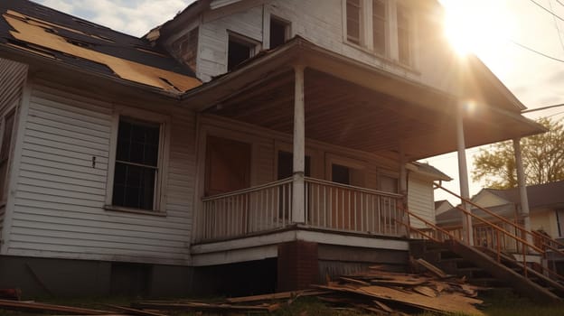 Neglected typical american property with overgrown grass - a real estate investing concept of properties needing work, TLC, renovating. Arbitrage and house flipping.
