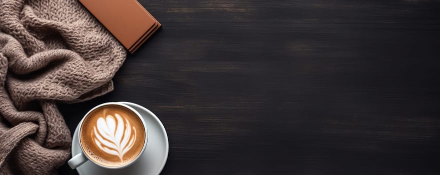 top view of coffee on elegant wood and cloth. Latte coffee