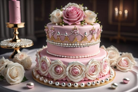 Wedding cake decorated with pink roses and gold crown on the table. ai generative